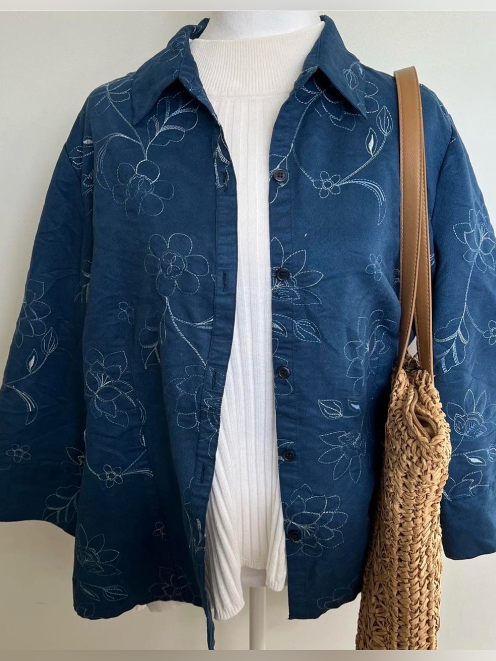 Blue Floral Embroidered Shirt Jacket - Women